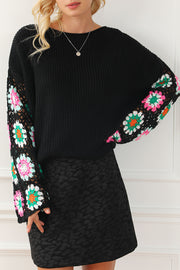 Boat neck crochet sweater with dropped shoulders and relaxed fit