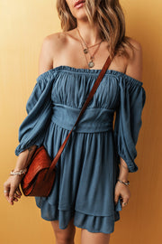 Frilled square neckline detail on Real Teal ruched layered mini dress