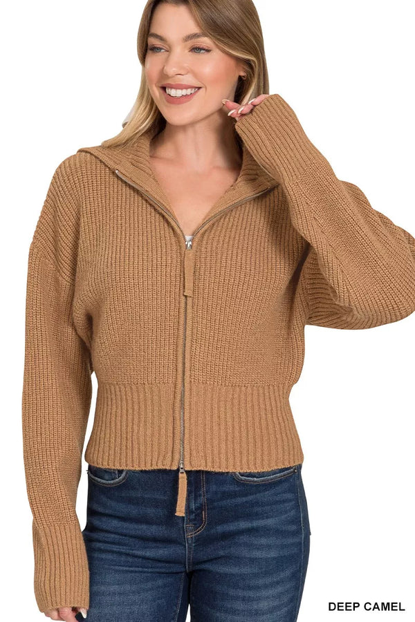 Ribbed Zip-Up Collared Sweater in Deep Camel
