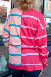 Rose stripe color block top in stretchy polyester blend