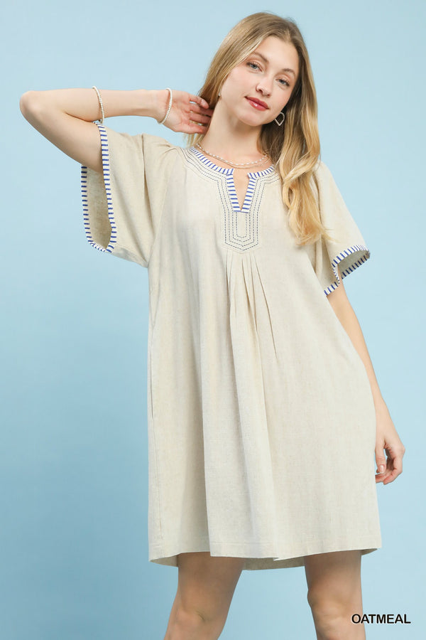 Linen Trim Flutter Sleeve Tunic Mini Dress