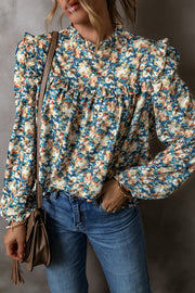 Sky Blue Floral Puff Sleeve Blouse in tailored sheath silhouette