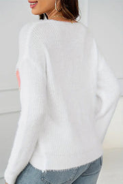 White Pearl Beaded Heart Fuzzy V-Neck Sweater with pearl heart motif