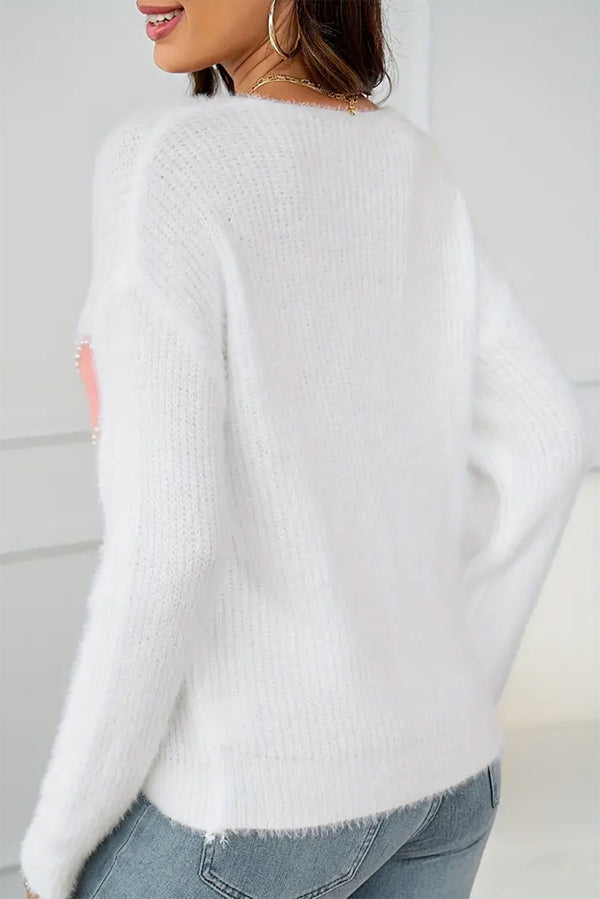 Oversized White Pearl Beaded Heart Fuzzy V-Neck Sweater