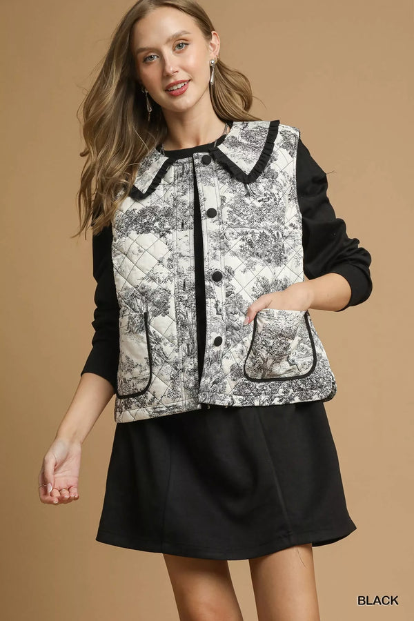 Toile Quilted Ruffle Collar Vest