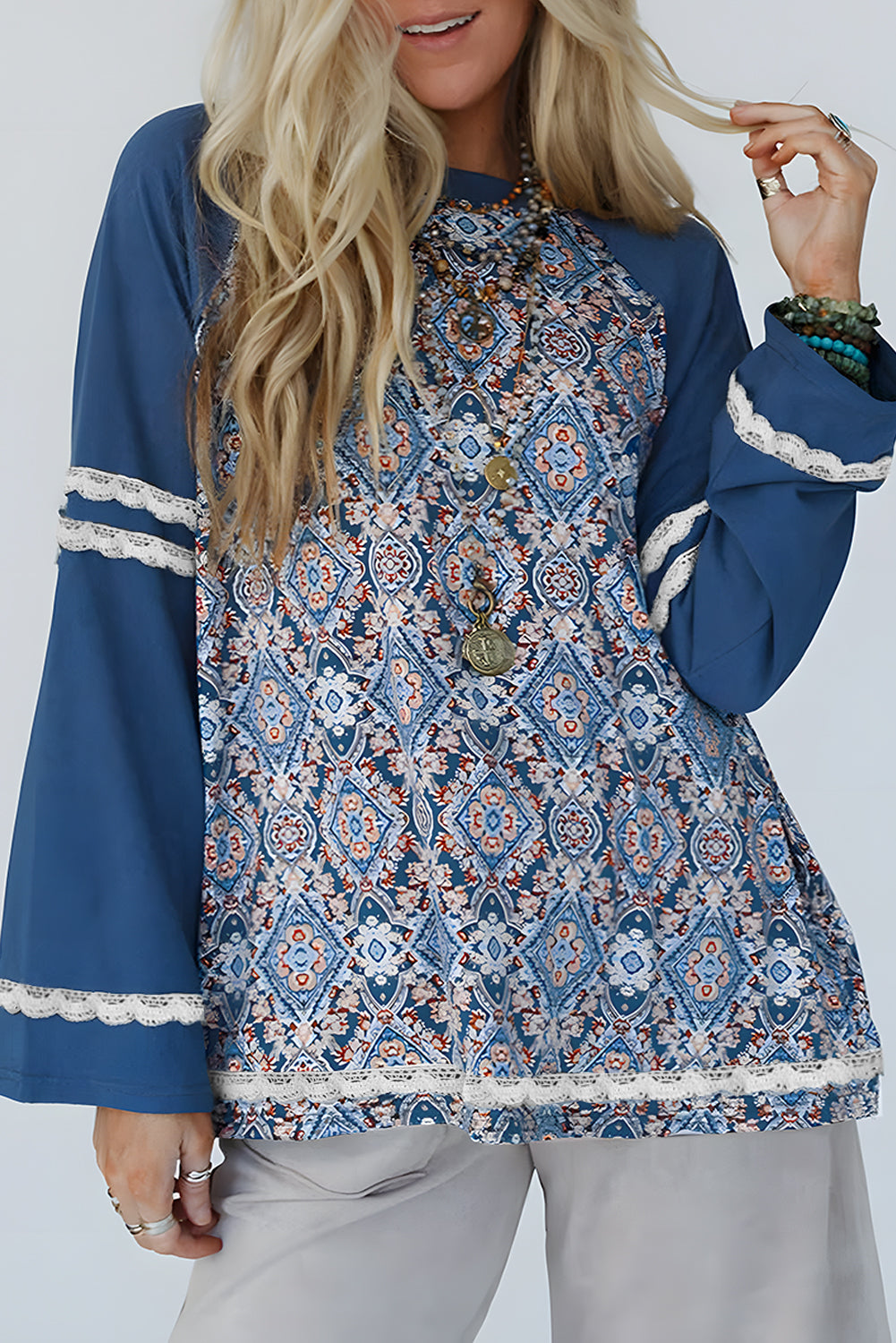 Blue Geometric Lace Patchwork Long Sleeve Top with round neck and boho print