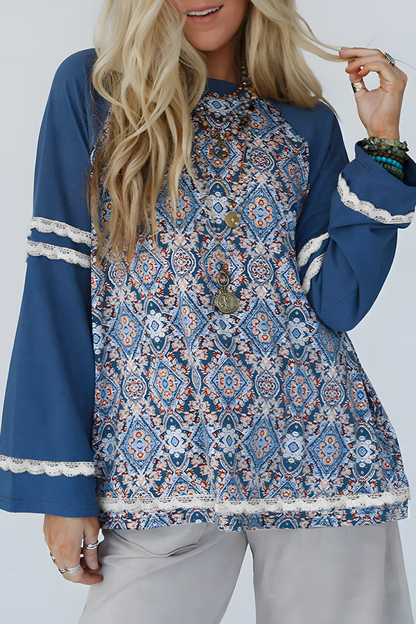 Blue Geometric Lace Patchwork Long Sleeve Top
