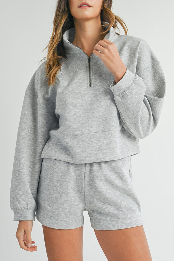 Light Grey Stand Neck Zipped Sweatshirt & Shorts Set
