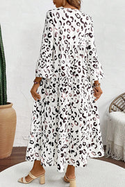 White leopard print maxi dress with flared bracelet-length sleeves