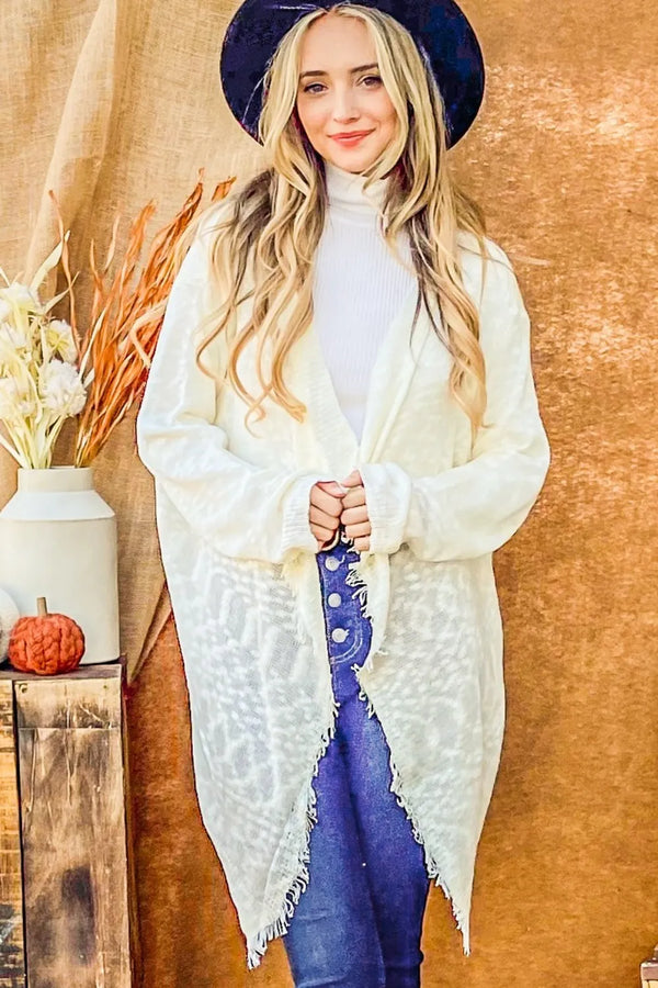 Textured Knit Fringe Hem Open Front Cardigan