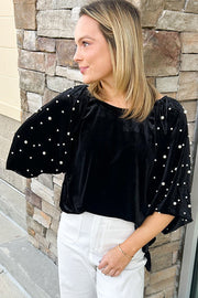 Velvet Pearl Beaded Top with stretchy polyester-elastane blend fabric