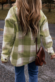 Sage green plaid shacket with turn-down shirt collar, relaxed oversized fit