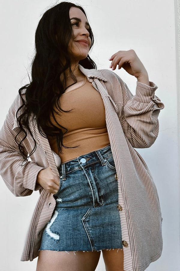 Womens Oversized Shacket - Smoke Gray Corded Drop Shoulder Plus Size