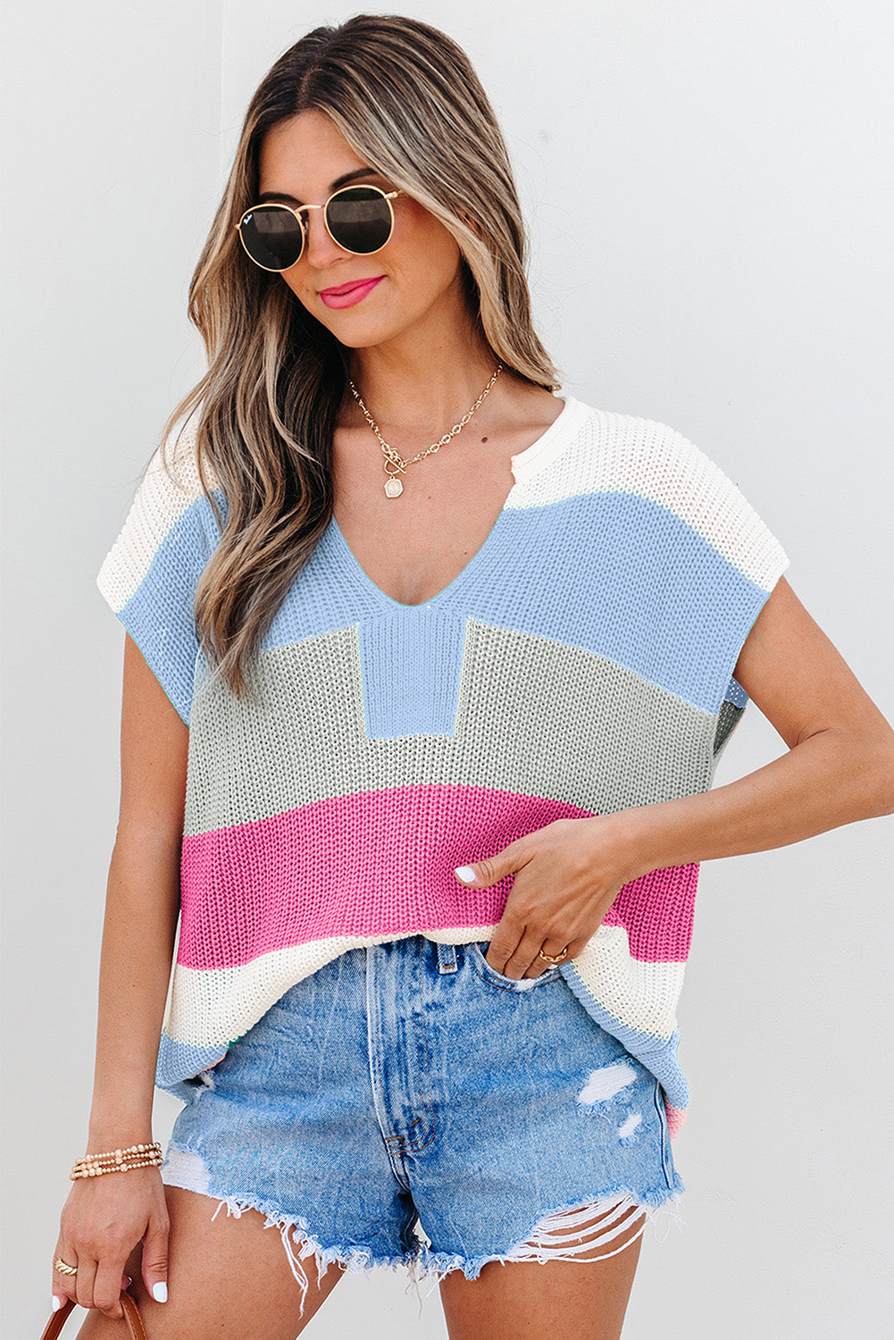Pink Color Block Notch V-Neck Short Sleeve Sweater Top