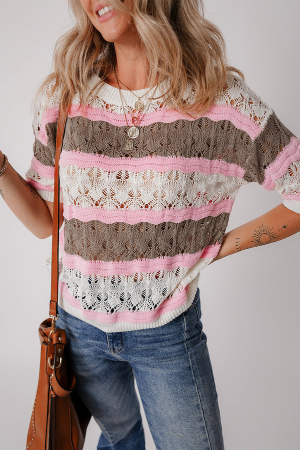 Brown Stripe Color Block Crochet Half Sleeve Sweater
