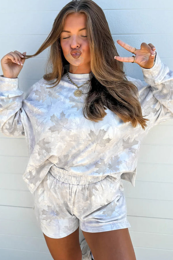 Beige Camo Pullover Top & Elastic Waist Short Set