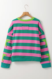 Round neckline on Pink Stripe Star Patchwork sweatshirt