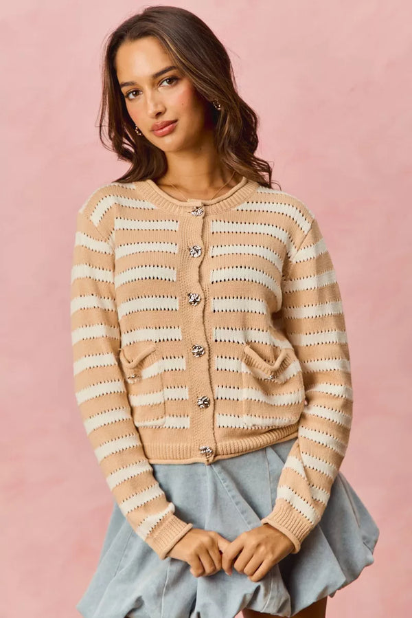 Striped Long Sleeve Button Cardigan Sweater for Women