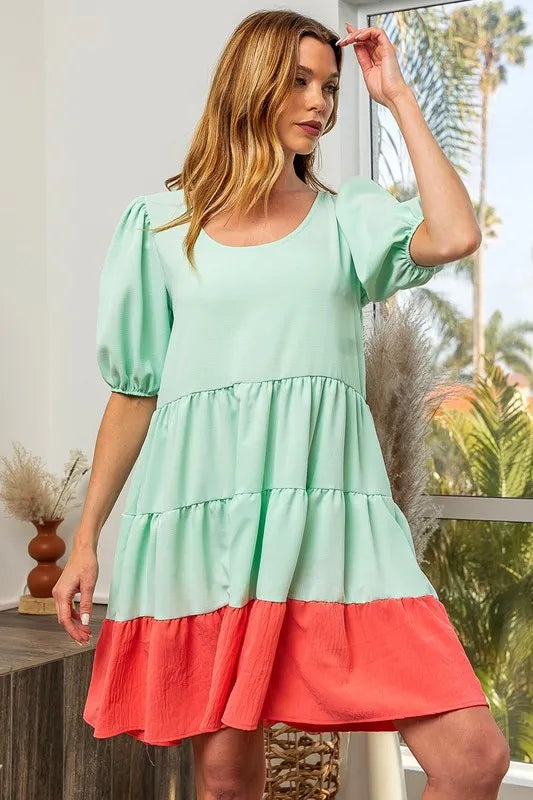 Two-Tone Balloon Sleeve Tiered Ruffle Mini Dress