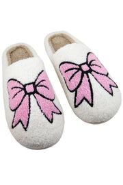 Fuzzy slip-on home slippers with cute bowknot accent for cozy lounging
