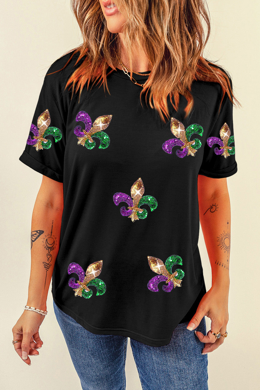 Black Mardi Gras Symbol Patched Crewneck T Shirt