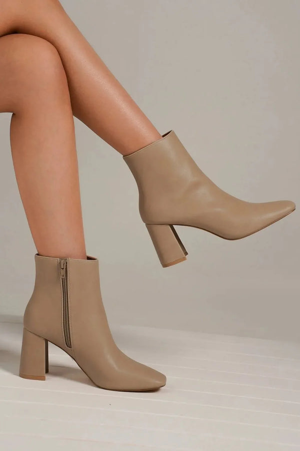PU Leather Block Heel Side-Zip Ankle Boots