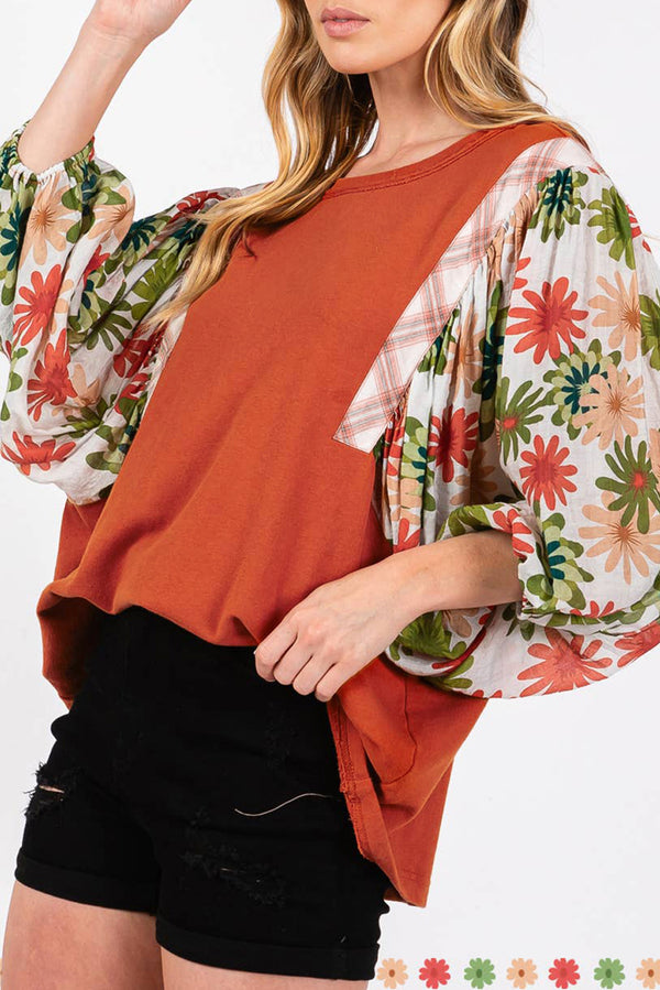 Desert Gold Floral Puff Sleeve Patchwork Blouse