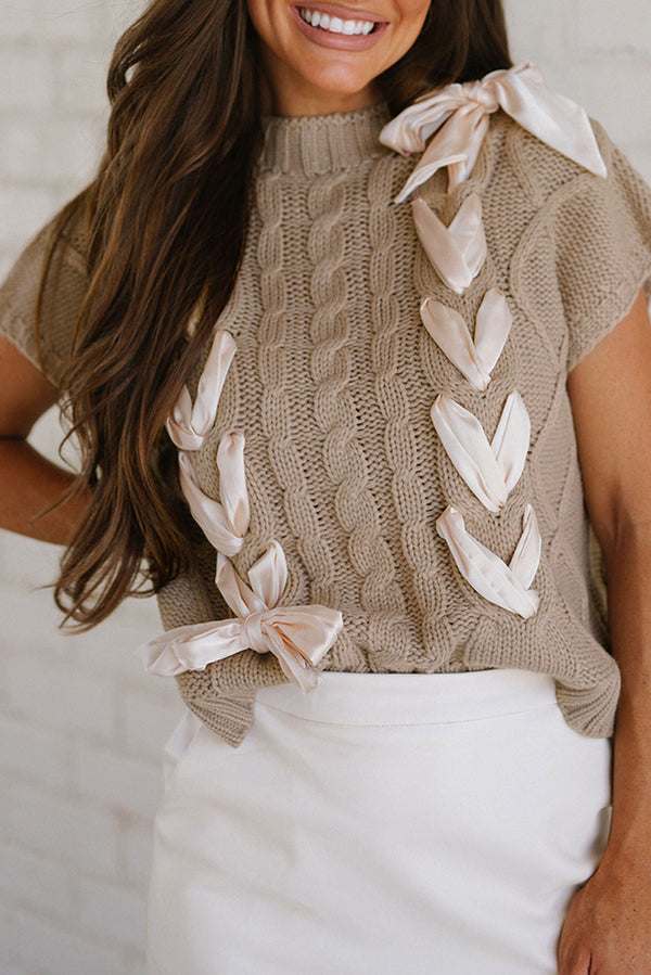 Oversized Short Sleeve Cable Knit Sweater in Simply Taupe with Satin Bowknot