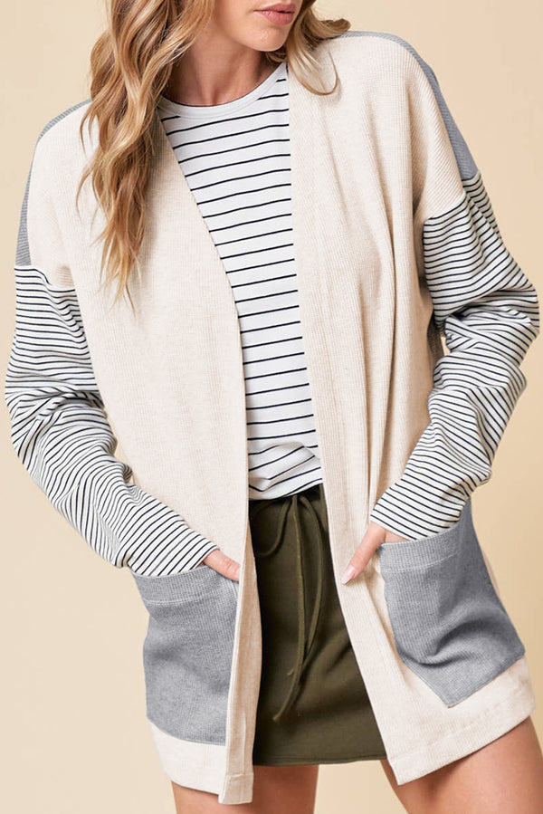 Black Stripe Colorblock Patchwork Open Front Cardigan with Pockets