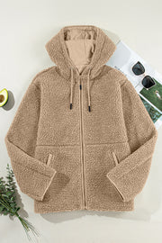 Pale khaki hooded jacket with relaxed shift silhouette