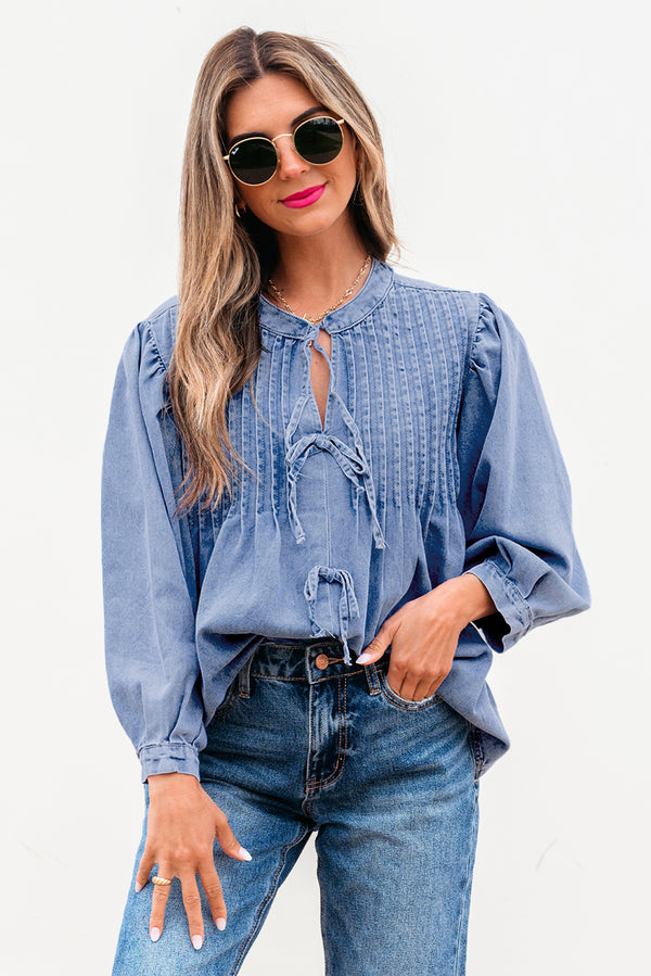 Denim Pintuck Bow Tie Puff Sleeve Top