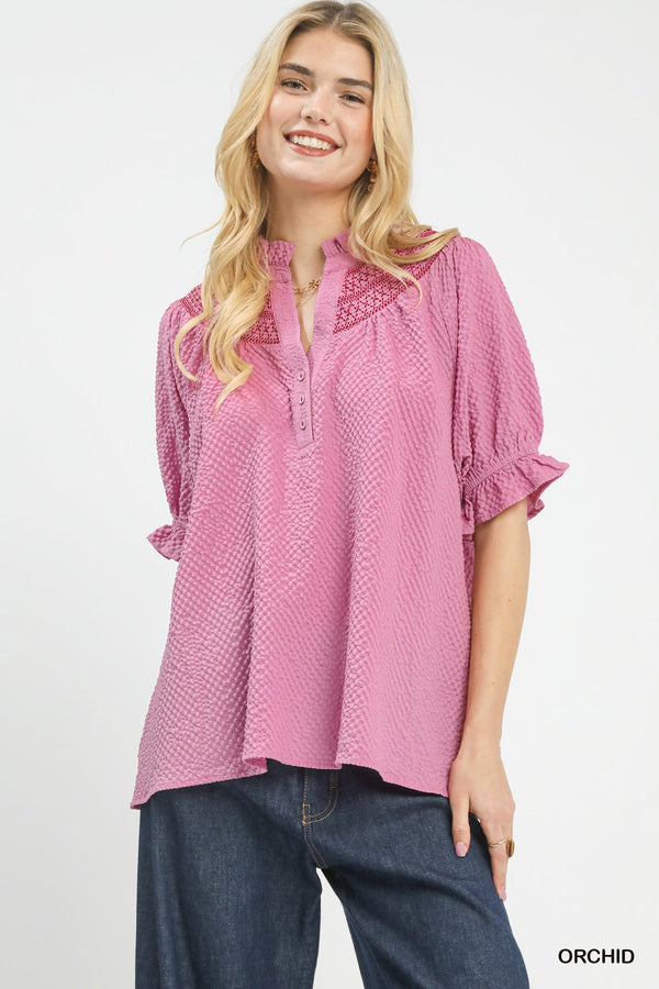 Textured Henley Blouse with Ruffle Cuffs & Lace Shoulders