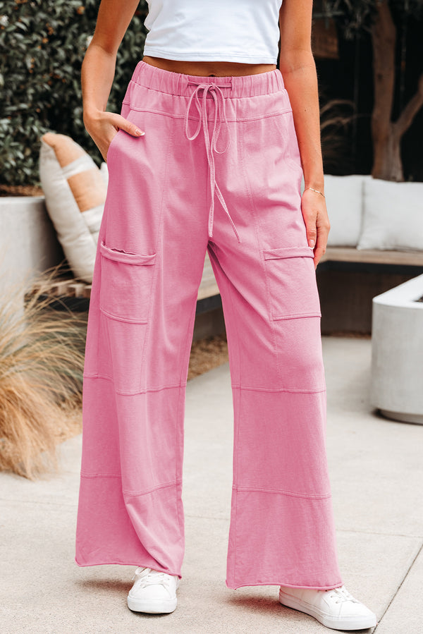 High Waist Mineral Wash Wide Leg Cargo Pants with Drawstring Waist