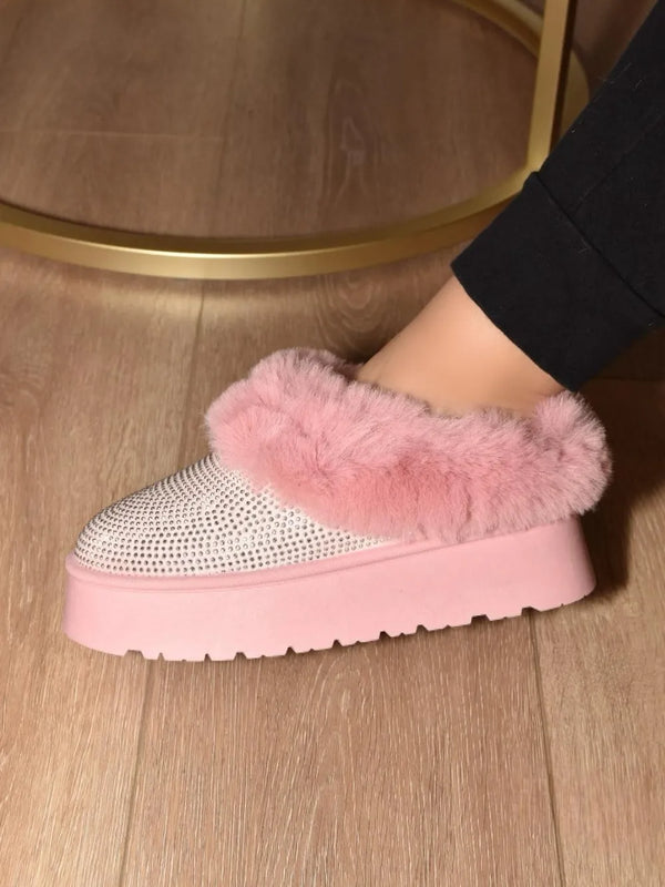 Platform Booties with Faux Fur & Rhinestones - WILD DIVA