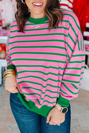 Casual pink stripe crew neck sweatshirt in high-stretch polyester elastane blend