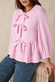 Pink Stripe bowknot puff sleeve crew neck blouse with front bow detail