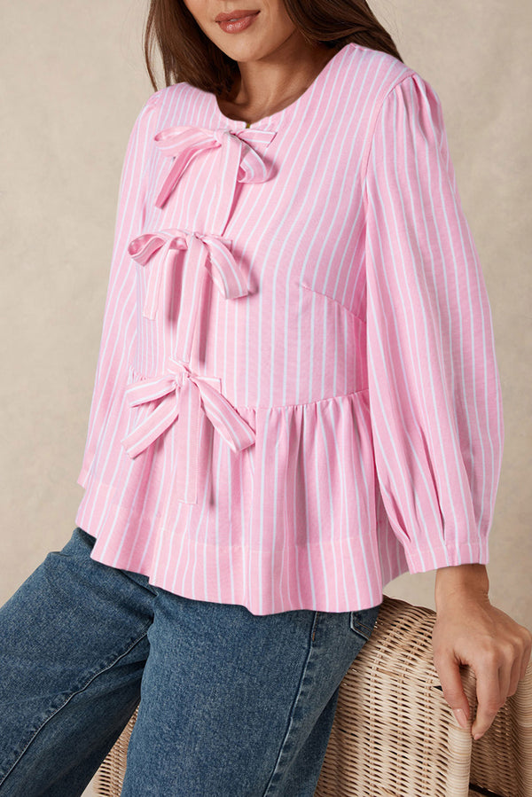 Pink Stripe Bowknot Puff Sleeve Crew Neck Blouse