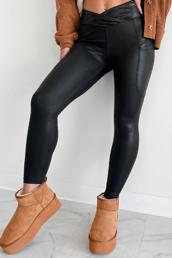 Black V Crossover High Waist Leggings with Pockets