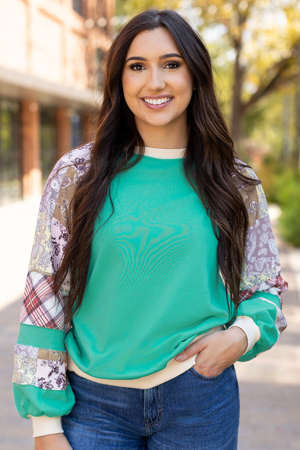 Vintage Paisley Patchwork Long Sleeve Raglan Top