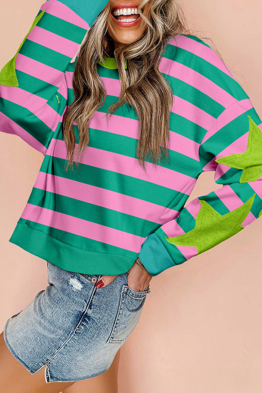 Pink Stripe Star Patchwork Sweatshirt in pink striped pattern