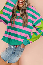 Pink Stripe Star Patchwork Sweatshirt in pink striped pattern