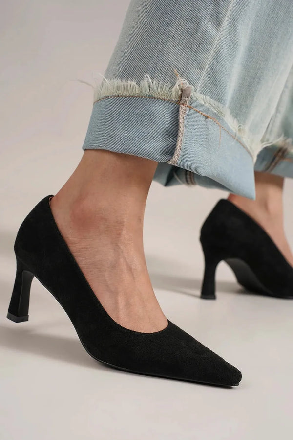 Black Heels Faux Suede Point Toe Pumps