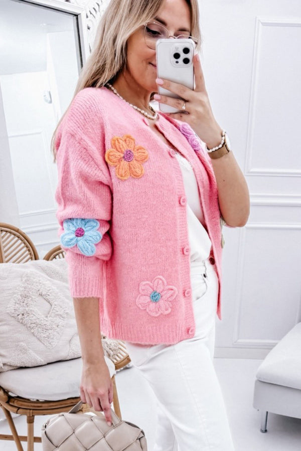 Pink Floral Knit Button-Up Cardigan