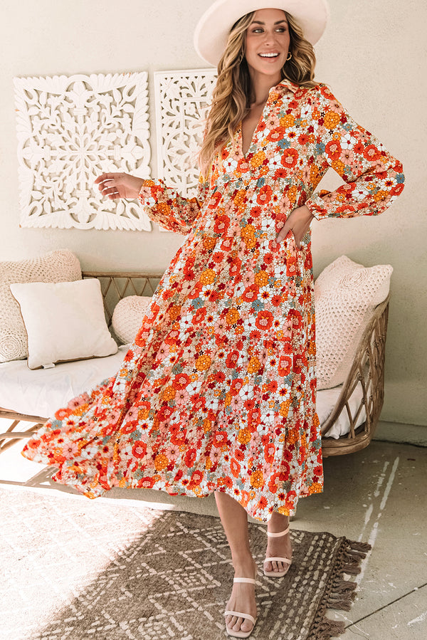 Multicolor Boho Floral Long Sleeve Ruffled Dress