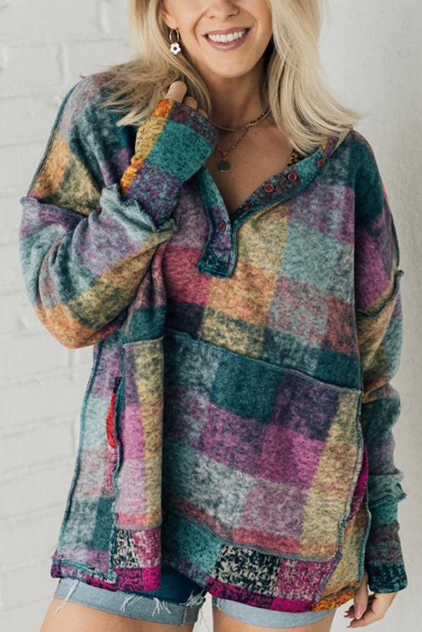 Oversized Hoodie — Multicolor Brushed Plaid Buttoned Pullover