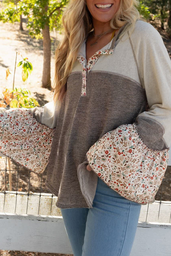Henley Shirt with Floral Colorblock Patchwork & Flared Bell Sleeves