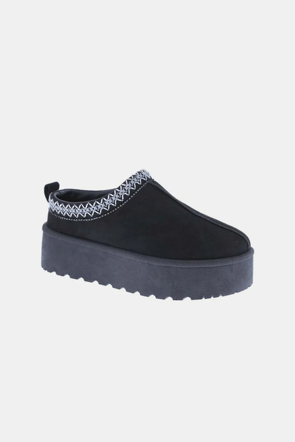 Black Ankle Boots with Embroidered Trim & Platform Slip-On Style