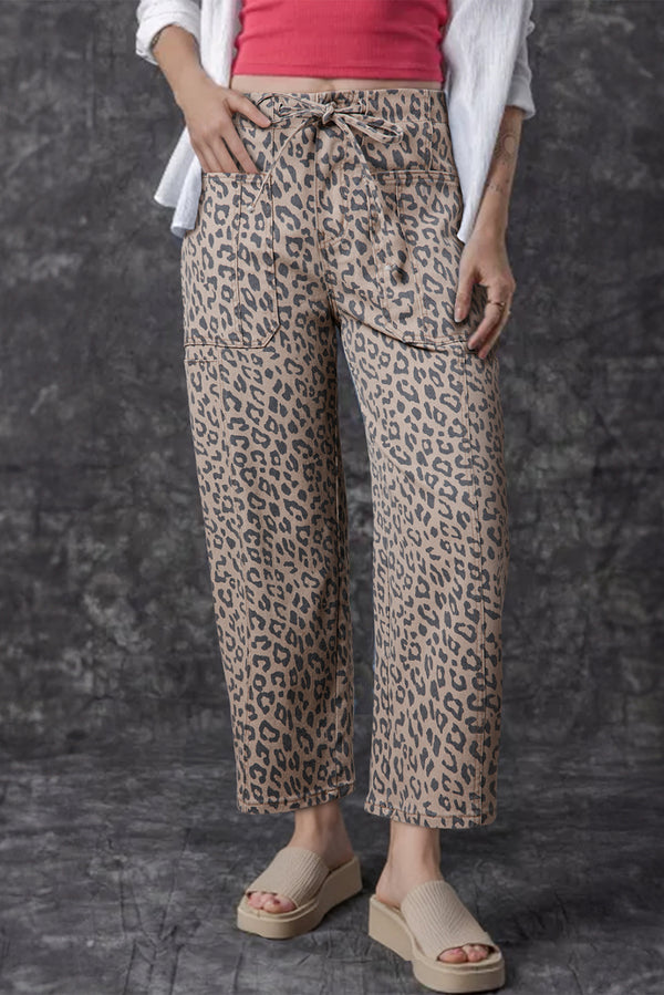 Khaki Leopard Print Wide-Leg Drawstring Jeans