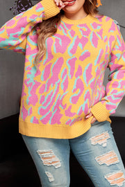 Ribbed trim leopard plus size sweater with round neckline detail