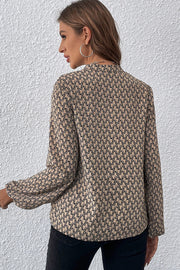 Khaki geometric print blouse with notched neckline and puff sleeves